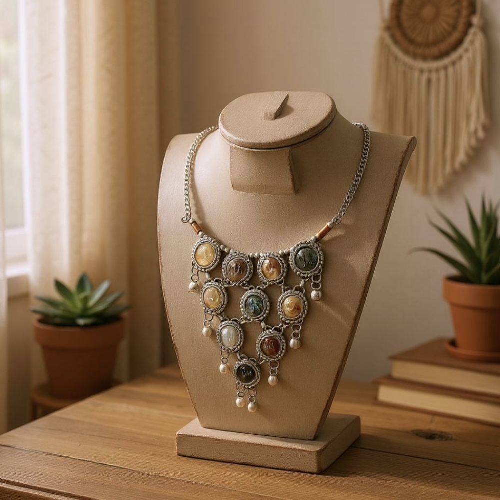Bohemian Silver Tone & Agate Beaded Bib Necklace